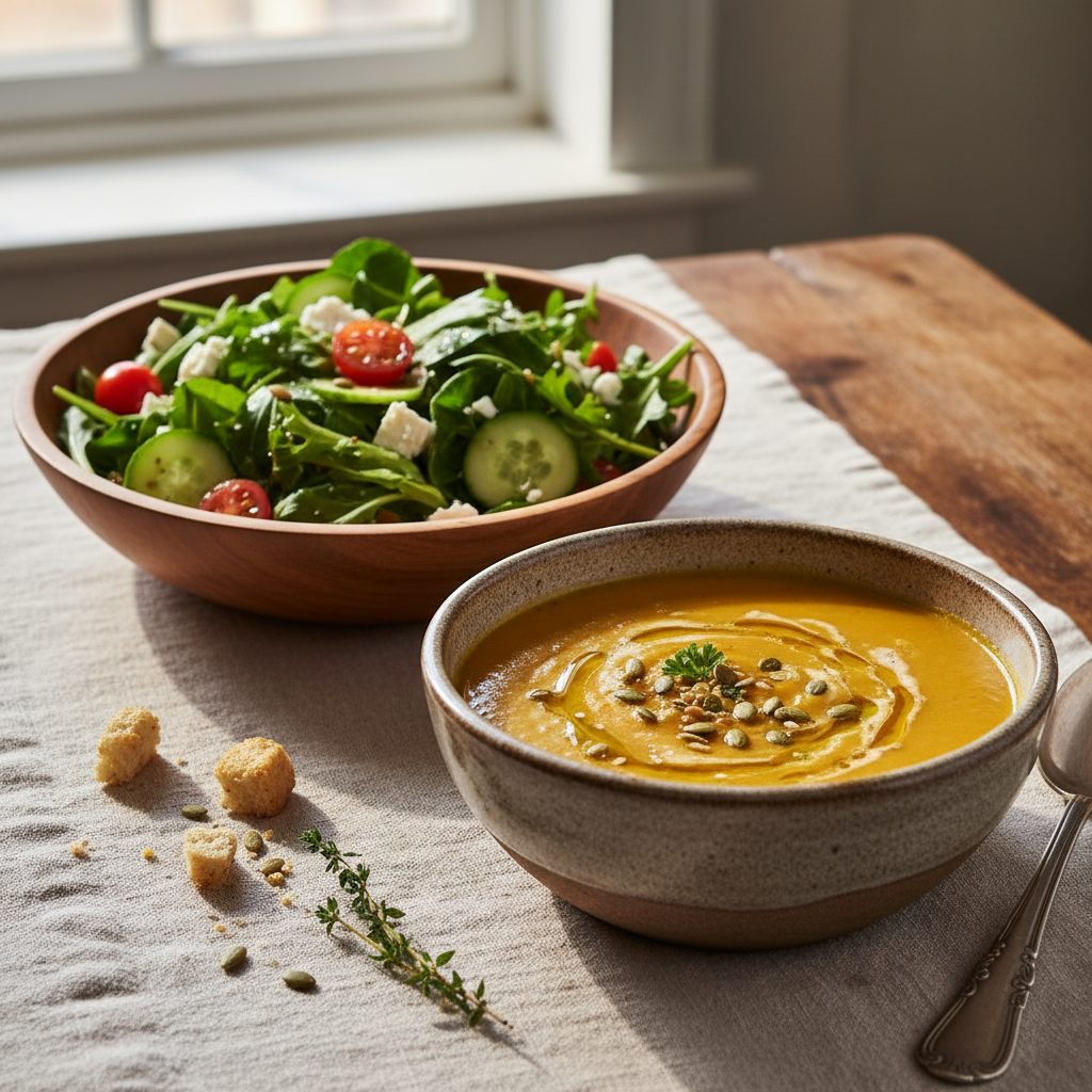 A warm bowl of soup beside a fresh green salad on a cream linen tablecloth