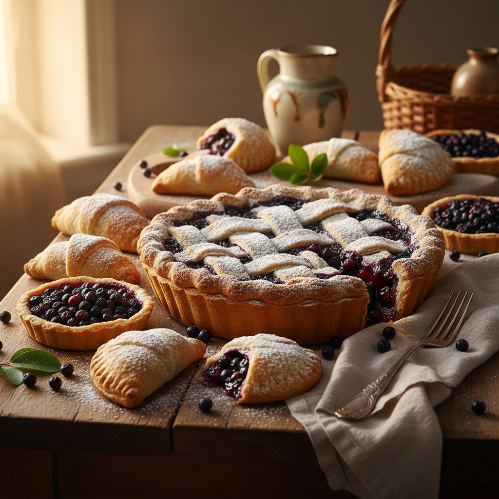 Saskatoon berry pie and pastries dusted with sugar on a rustic table