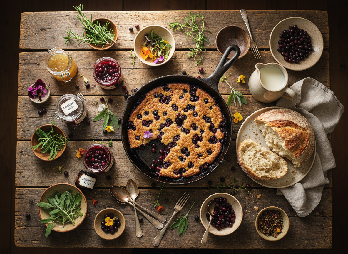 Overhead flat-lay of a rustic wooden table filled with fresh homemade dishes, warm natural light, saskatoon berries, jars of jam, fresh bread, herbs, earthy warm tones