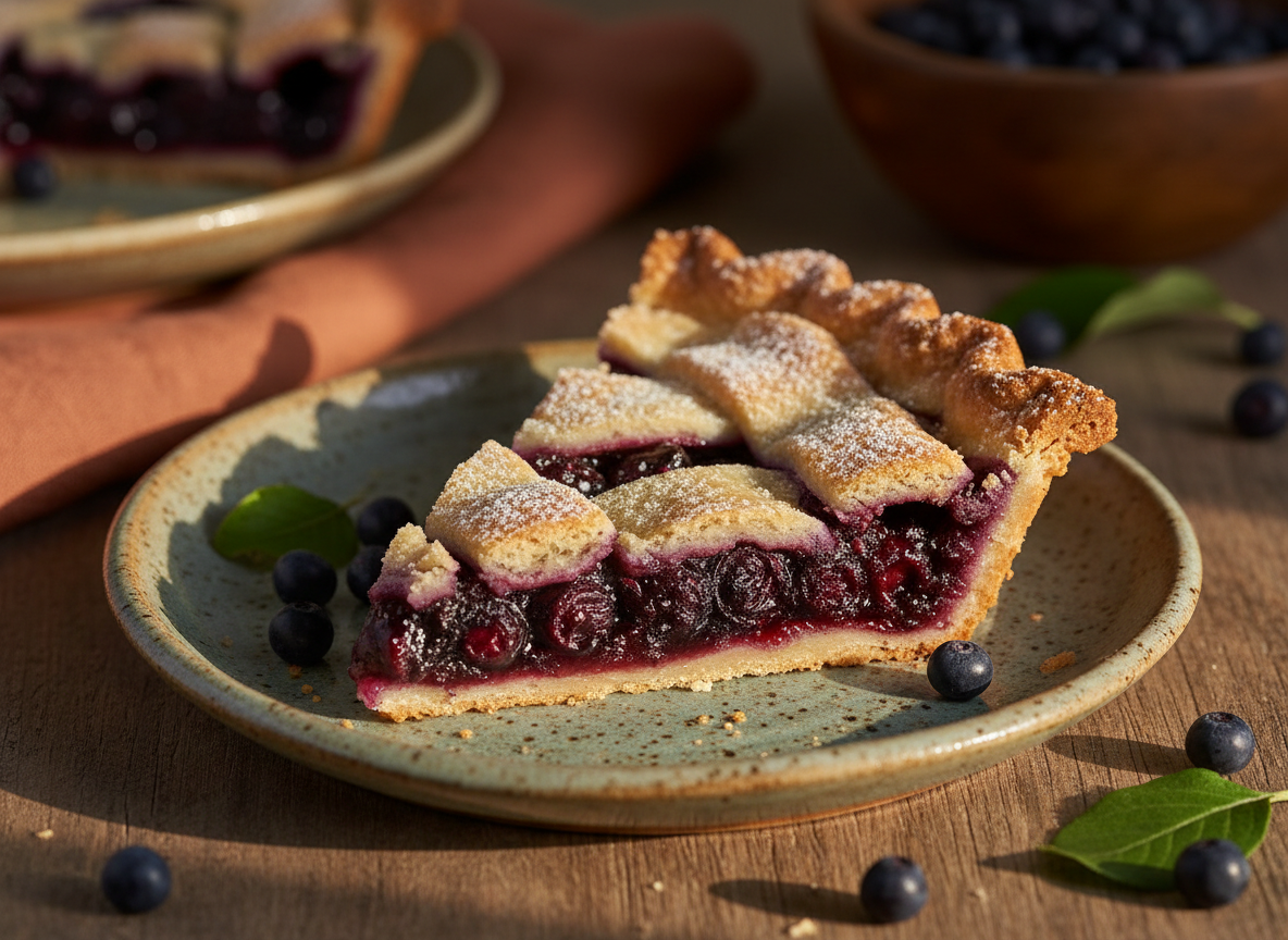 Slice of saskatoon berry pie with flaky golden crust on a ceramic plate