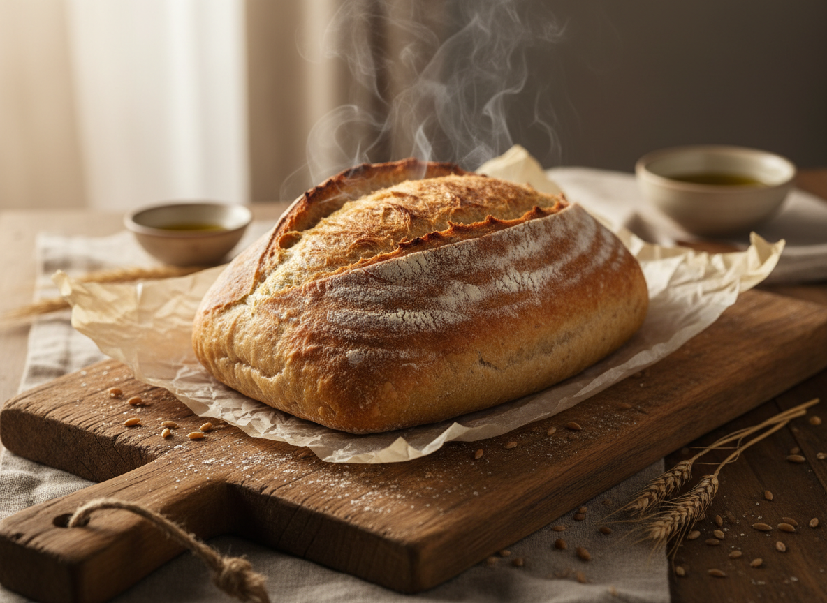 Fresh baked artisan bread loaf on parchment with steam rising