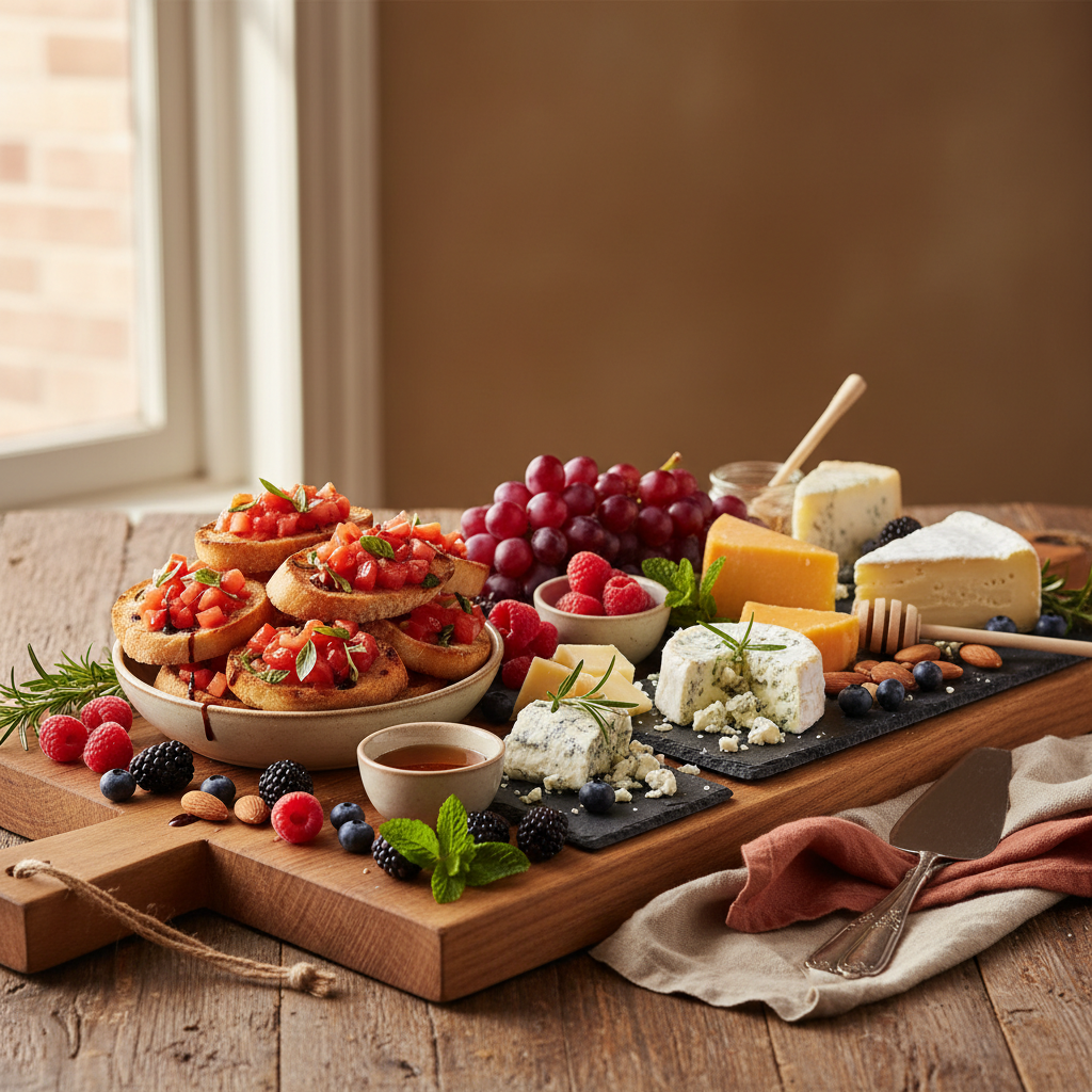 Rustic appetizer board with bruschetta, cheese, and berries on warm wood