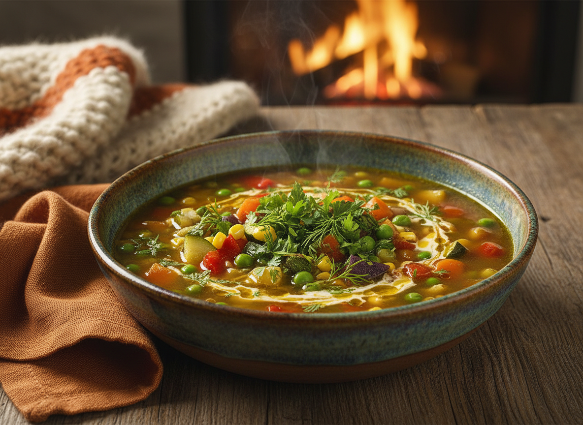 Colorful garden vegetable soup in a ceramic bowl with fresh herbs